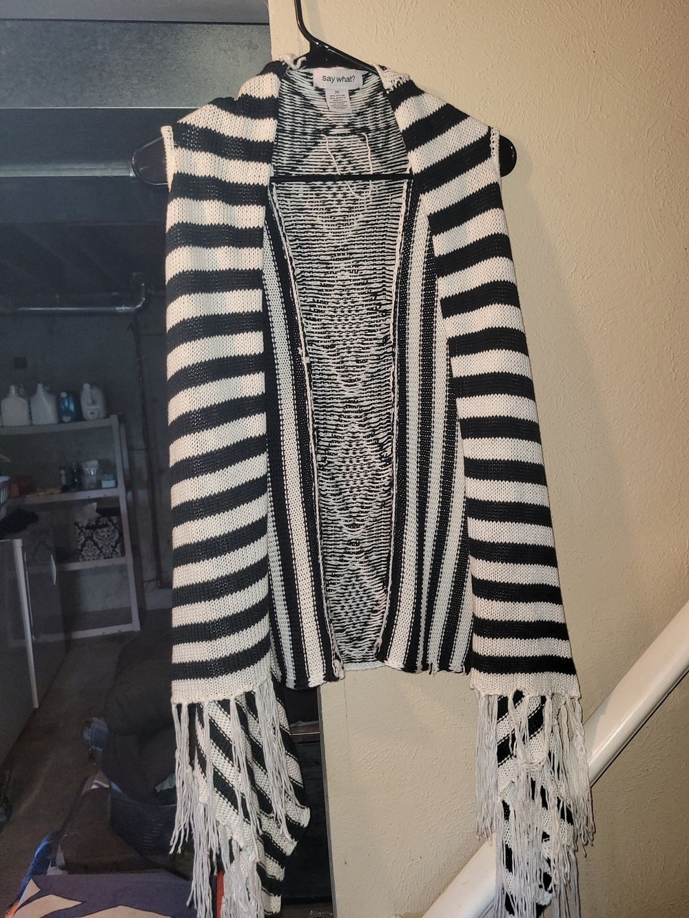 Say What? Black and White Striped Open Front Fringe Poncho